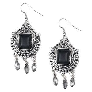 Silver Frame Square Black Stone Fringe Earrings Fishhook OPEN PASTURES